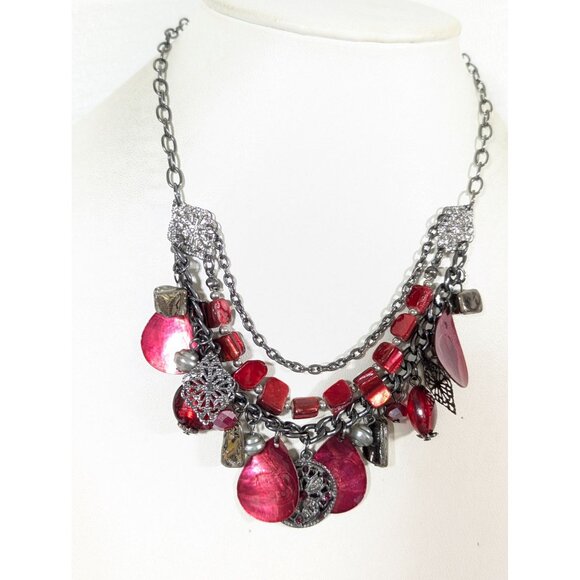Red Shell Gray Metallic Layered Statement Necklace Boho Whimsigoth Y2K 19" - Picture 1 of 8